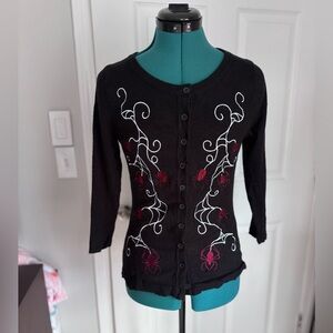 Unique Vintage Black Button-Up Sweater with Spider Web Design